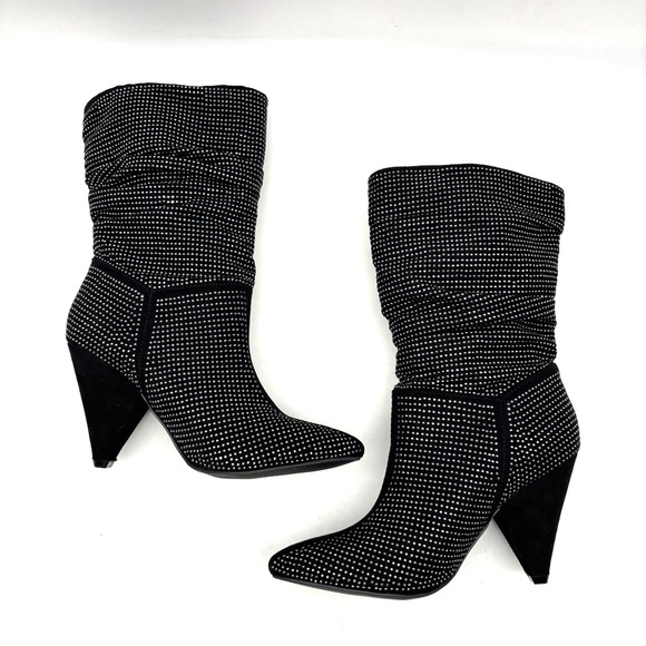 Vintage Y2K Report 'CASI' Black Faux Suede Rhinestone Block Heel Slouchy Boots 6 - Picture 12 of 15